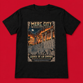Merc City Ashes of an Empire — 330 BCE Black T-Shirt on a bold red background