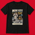 Merc City Beyond Earth — 1969 Black T-Shirt on a bold red background