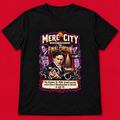 Merc City The Final Curtain — Harry Houdini Black T-Shirt on a bold red background
