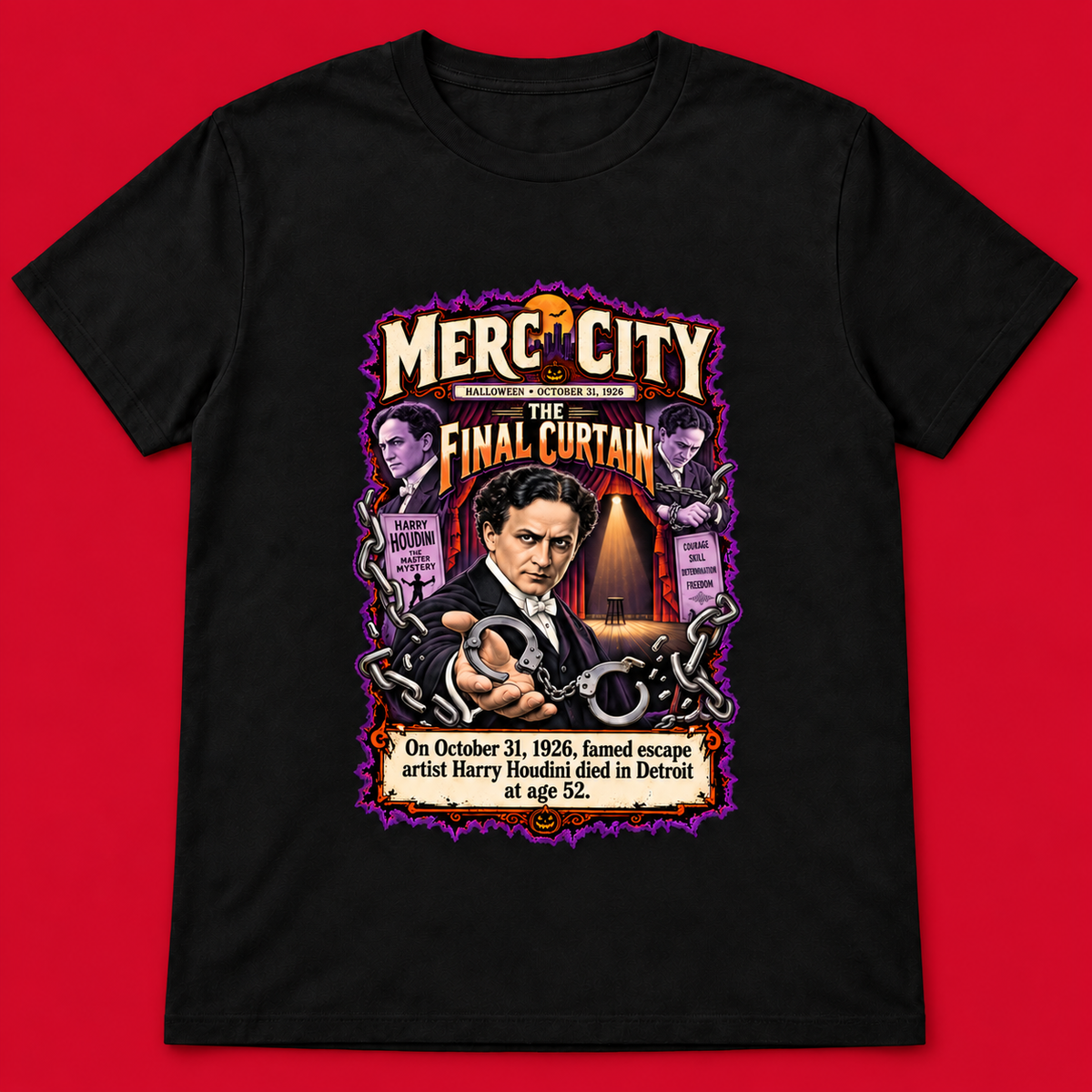 Merc City The Final Curtain — Harry Houdini Black T-Shirt on a bold red background